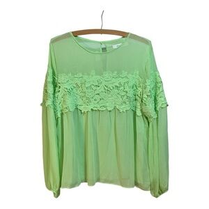 💰 Mustard Seed Bright Lime Green Sheer Flowy Blouse with Lace Accent  -Size XL
